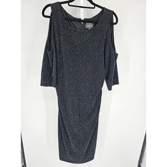 Adrianna Papell Womens Sz 16 Midi Length Cold Shoulder Dress Formal Black Silver - Picture 1 of 4